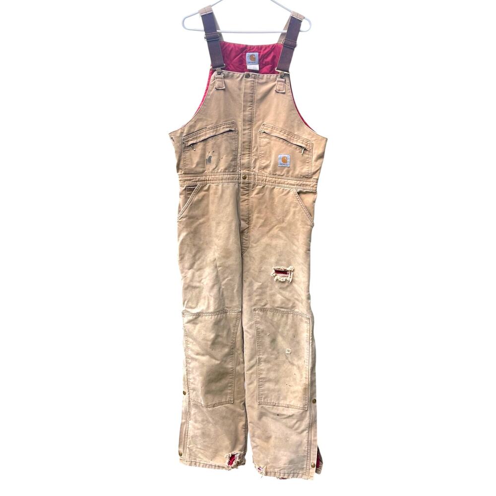 Vintage Carhartt R04BRN Distressed Insulated Bib Overalls 42x32 USA